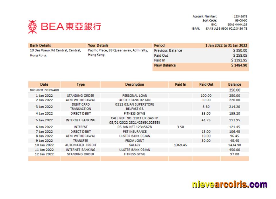 Hong Kong BEA bank statement, Word and PDF format